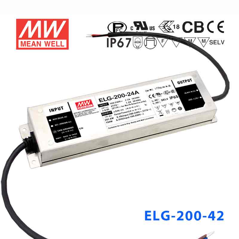 ELG-200-42A   200W 42V 4.76A   A型(电流可调/铝壳IP65/100～305Vac输入)明纬PFC防水LED电源