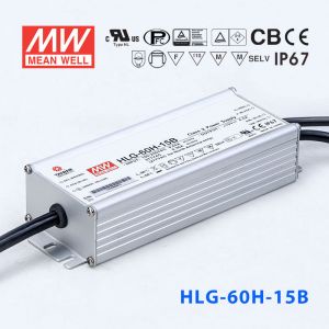 HLG-60H-15B  60W  15V 4A  强耐环境恒压+恒流PFC高效铝壳IP67防水LED电源(控制线三合一调光) 