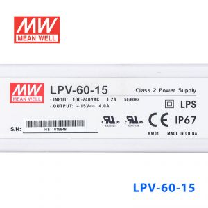 LPV-60-15   60W   15V   4A明纬牌恒压输出IP67防水塑壳LED照明电源