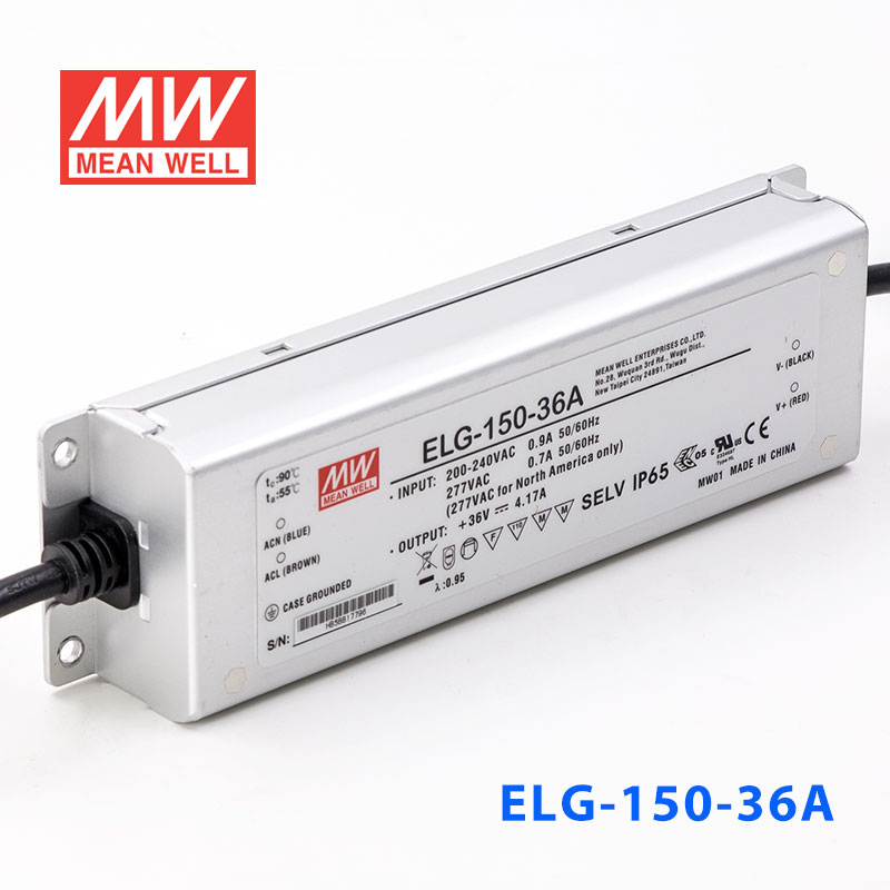 ELG-150-36A  150W  36V 4.17A  A型(电流可调/铝壳IP65/100～305Vac输入)明纬PFC防水LED电源