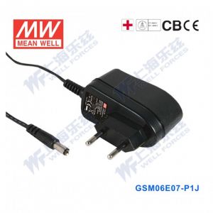 GSM06E07-P1J  6W  7.5V 0.8A 输出明纬高能效医疗型欧规墙插电源适配器
