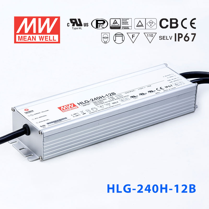 HLG-240H-12B  192W  12V 16A 强耐环境恒压+恒流PFC高效铝壳IP67防水LED电源(控制线三合一调光) 