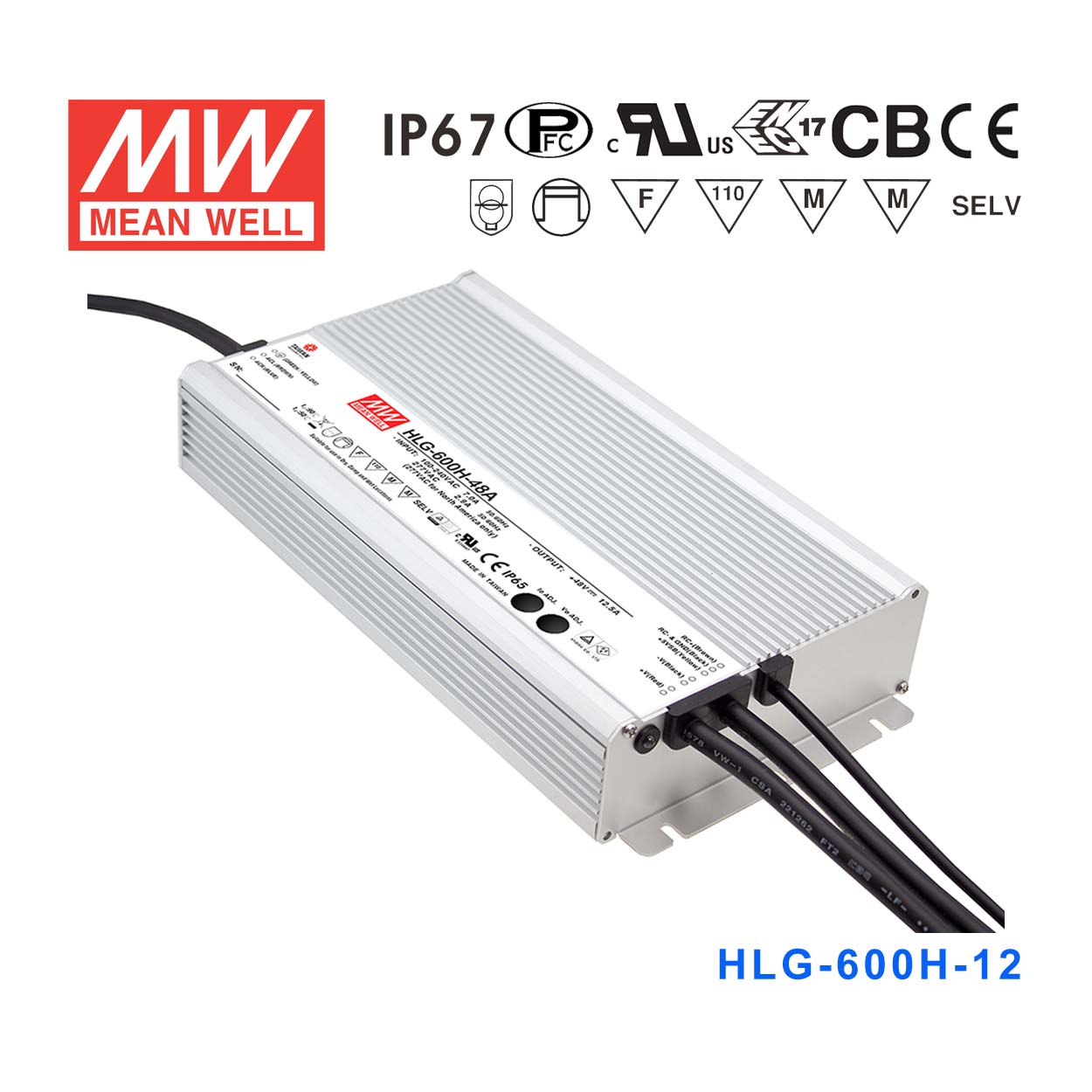HLG-600H-12  480W  12V 40A 强耐环境恒压+恒流PFC高效铝壳IP67防水LED电源