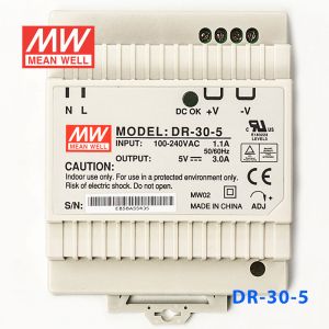 DR-30-5 15W 5V3A 单路输出Class II DIN导轨安装明纬开关电源