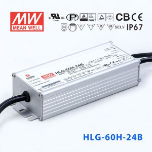 HLG-60H-24B  60W  24V 2.5A  强耐环境恒压+恒流PFC高效铝壳IP67防水LED电源(控制线三合一调光) 