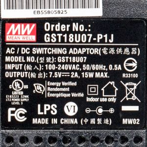 GST18U07-P1J 15W 7.5V2A高效能低空载损耗绿色节能美规适配器