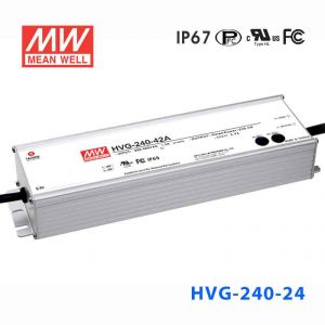 HVG-240-24A   240W   24V  10A   528Vac  输入 恒压+恒流输出PFC高效铝壳IP65防水LED电源(恒压恒流值可面板设定)