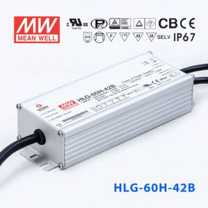 HLG-60H-42B  60W  42V 1.45A 强耐环境恒压+恒流PFC高效铝壳IP67防水LED电源(控制线三合一调光) 