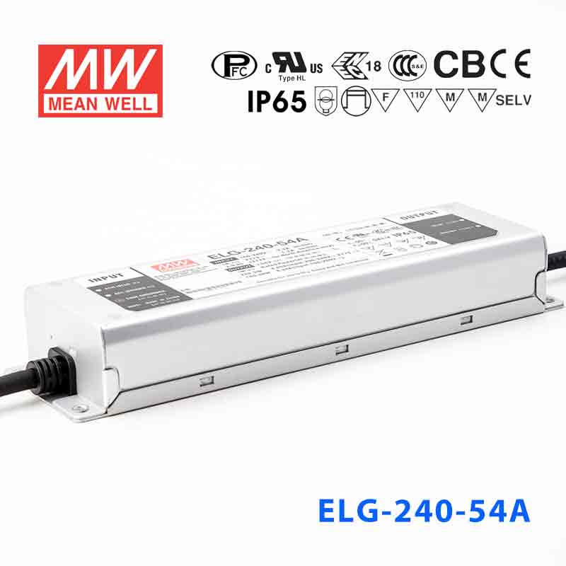 ELG-240-54A 240W 54V 4.45A  A型(电流可调/铝壳IP65/100～305Vac输入)明纬PFC防水LED电源