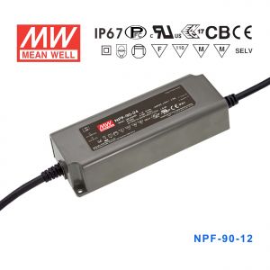 NPF-90-12  90W  12V 7.5A 输出塑壳IP67防水带PFC低空载损耗明纬LED电源