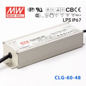 CLG-60-48   60W    48V   1.3A 恒压+可改恒流有PFC铝壳明纬IP67防水LED电源