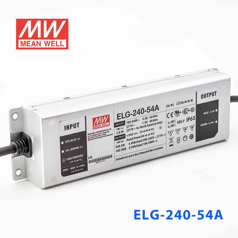 ELG-240-54A 240W 54V 4.45A  A型(电流可调/铝壳IP65/100～305Vac输入)明纬PFC防水LED电源