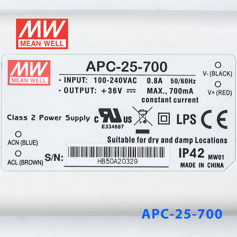 APC-25-700 25W 11-36V    700mA 明纬牌恒流输出防水塑壳LED照明电源