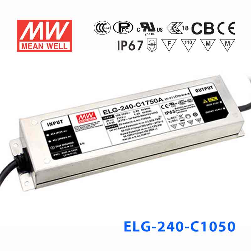 ELG-240-C1050 240W 114~228V 1050mA 基本型(线缆接线/铝壳IP67/100～305Vac输入)明纬PFC防水高压恒流LED电源