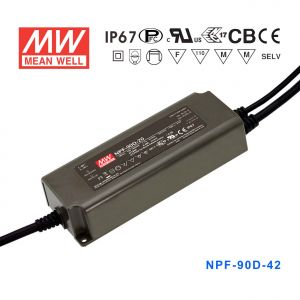 NPF-90D-42  90W  42V 2.15A  输出塑壳IP67防水带PFC低空载损耗明纬LED调光电源