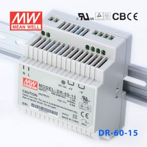 DR-60-15 60W 15V4A 单路输出Class II DIN导轨安装明纬开关电源