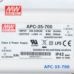 APC-35-700 35W 15-50V     700mA 明纬牌恒流输出防水塑壳LED照明电源
