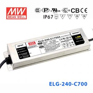 ELG-240-C700 240W 172~343V 700mA 基本型(线缆接线/铝壳IP67/100～305Vac输入)明纬PFC防水高压恒流LED电源