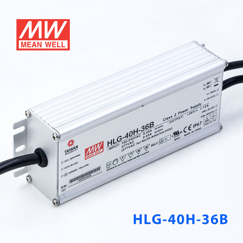 HLG-40H-36B  40W  36V 1.12A  强耐环境恒压+恒流PFC高效铝壳IP67防水LED电源(控制线三合一调光) 