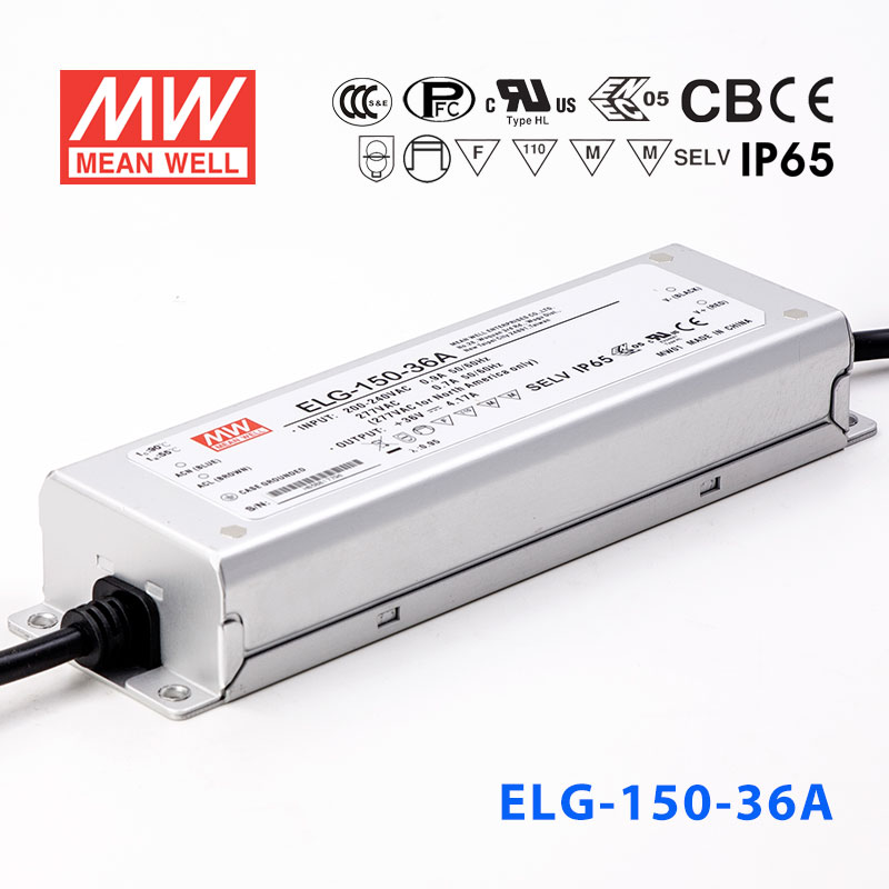 ELG-150-36A  150W  36V 4.17A  A型(电流可调/铝壳IP65/100～305Vac输入)明纬PFC防水LED电源